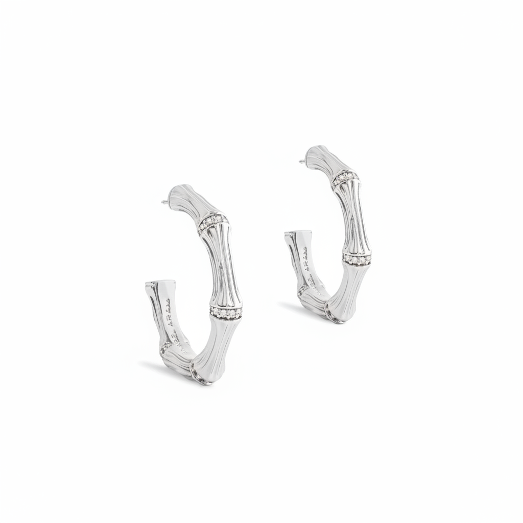 Bamboo Medium Silver Hoop Earrings