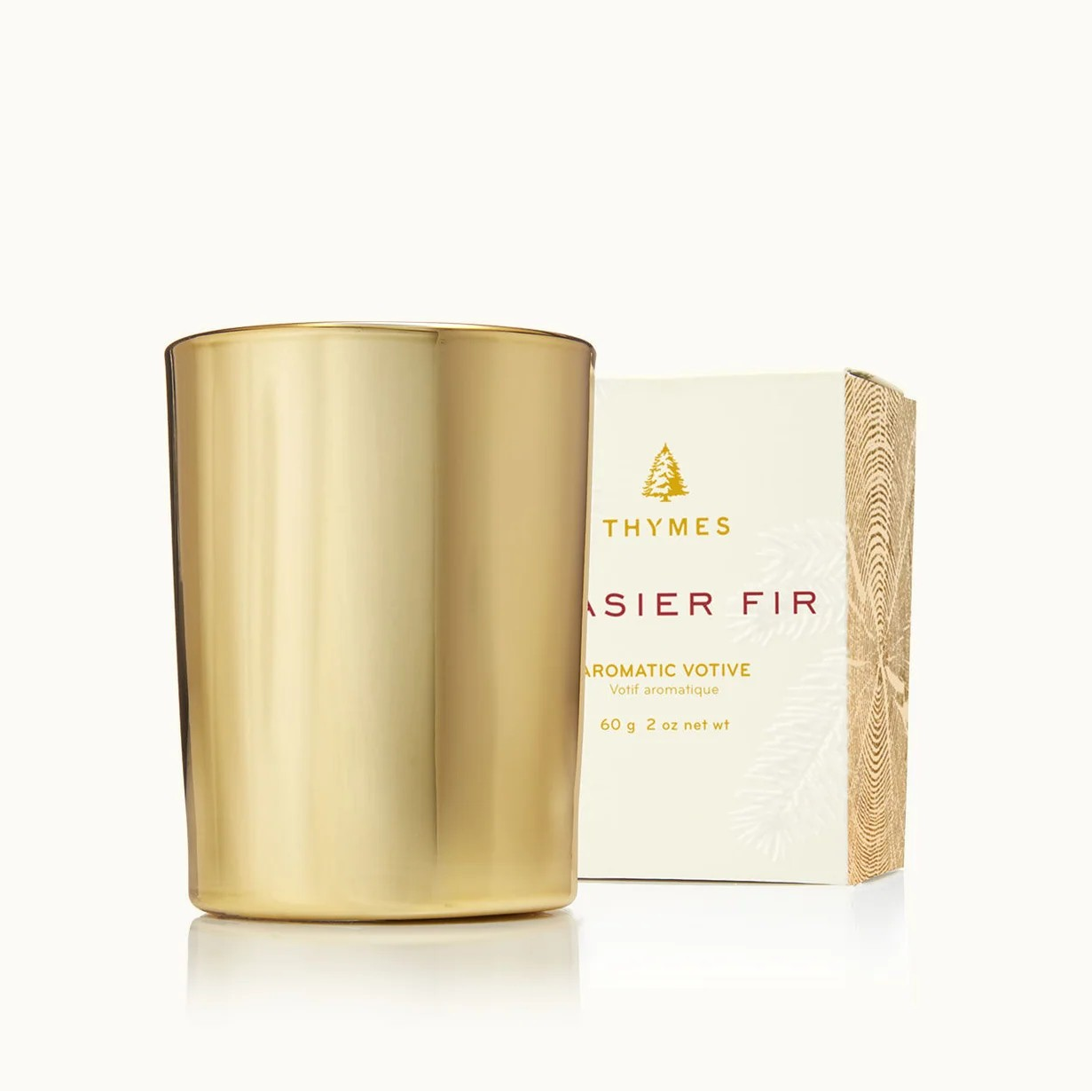 Gold candle and its packaging on a white background