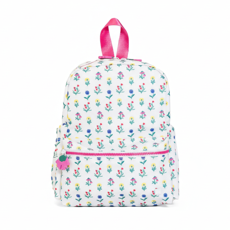 Backpack with floral pattern and pink accents on a white background